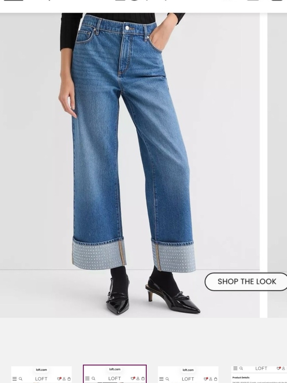 LOFT Denim Wide-Leg Jeans with Studded Cuffs - Blue